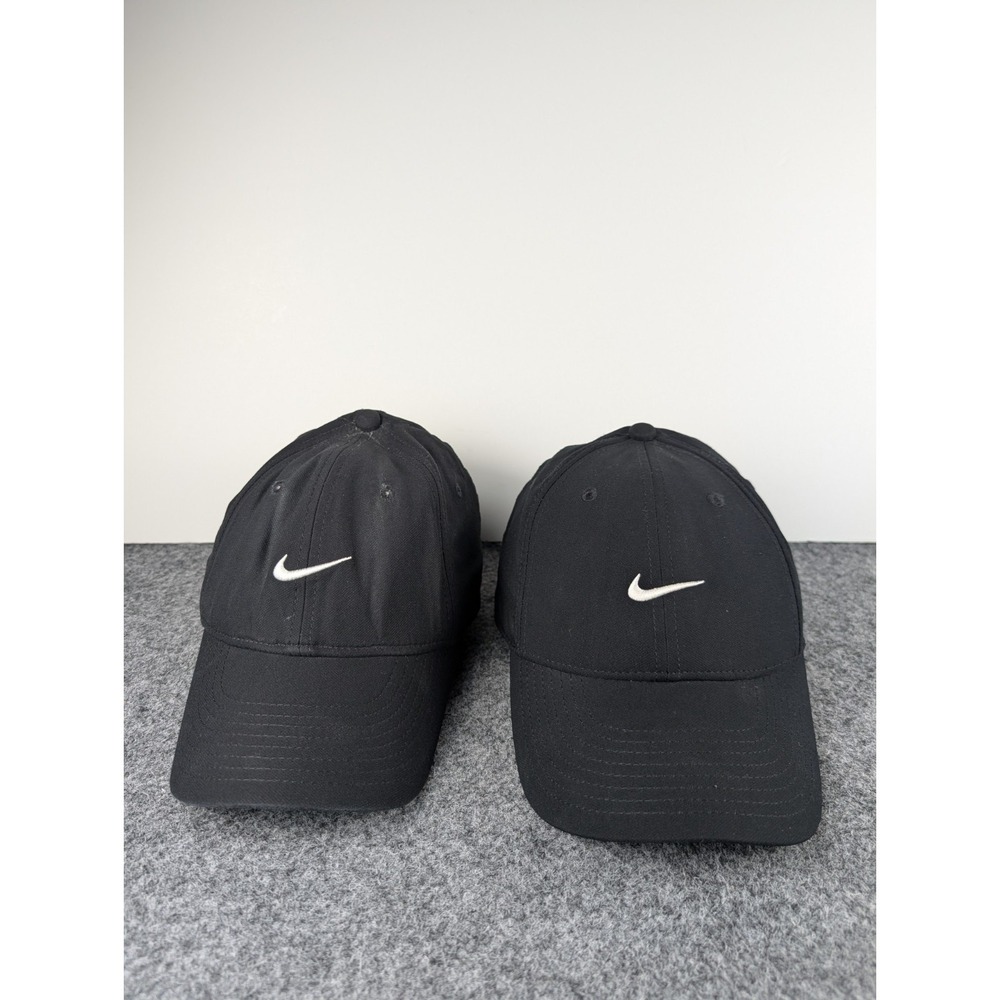 Lot of 2 Nike Hat Cap Strap Back Black Swoosh Logo Lightweight Club Cap S/M Mens
